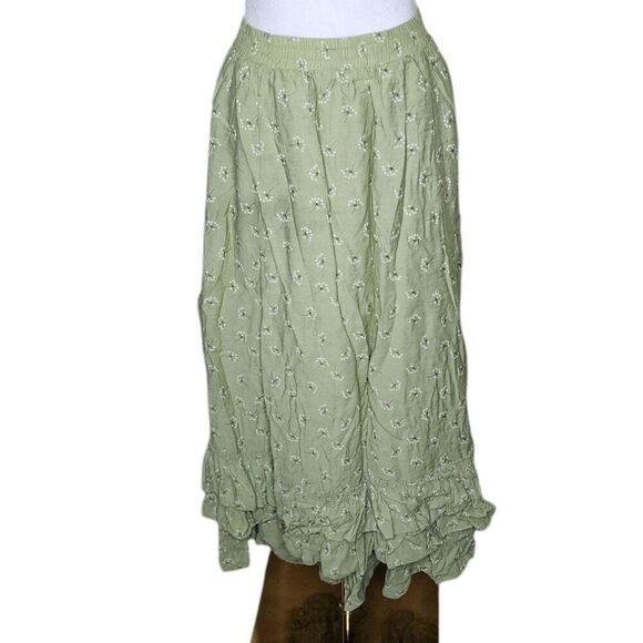 Ruffled Maxi Skirt Womens 3XL Green Tiered Femme Floral Ruched Milkmaid Cottage - Picture 1 of 11